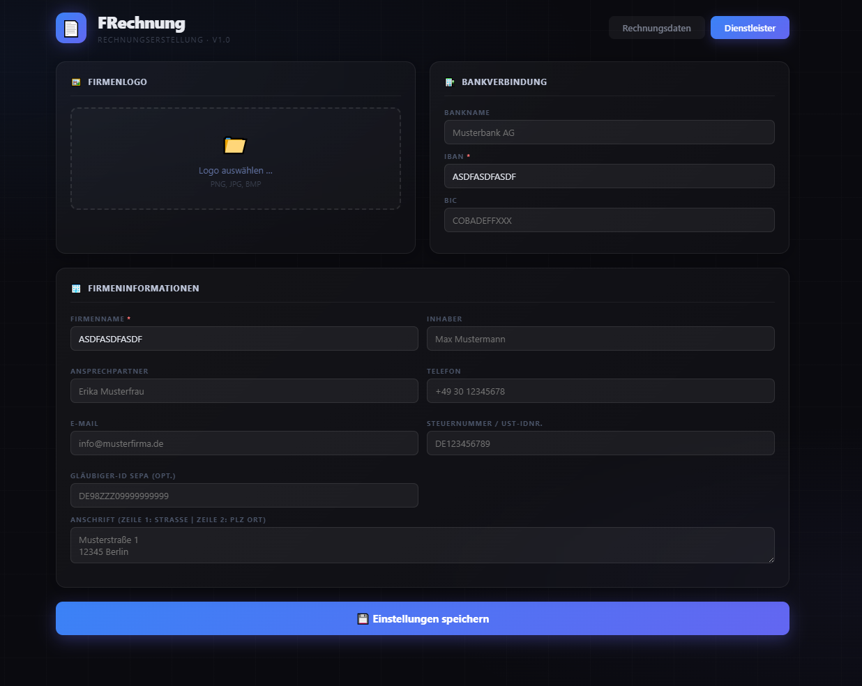 Screenshot: Tab Dienstleister — Firmendaten eintragen