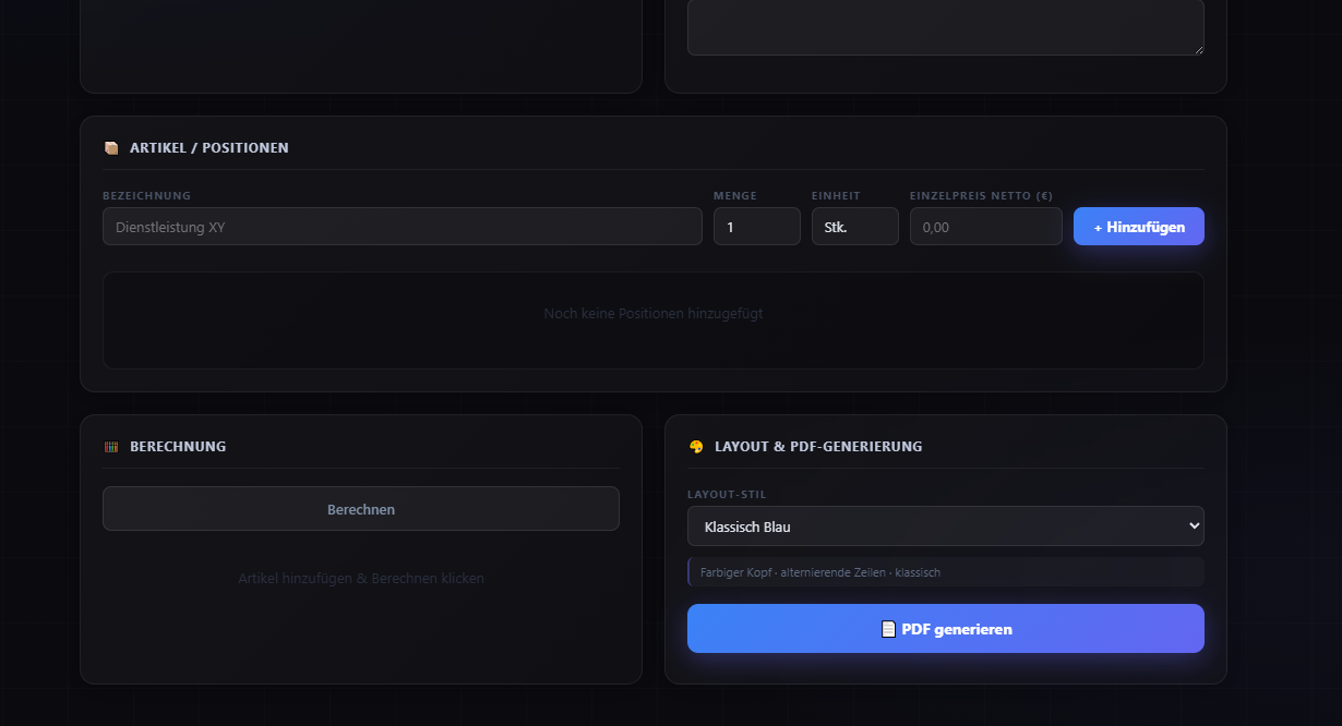 Screenshot: Artikel eintragen und Design wählen